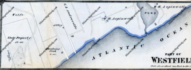 This 1874 map of Richmond County (Staten Island) shows the Wolfe farm at left, most of which by that time was owned by New York State. Today's Wolfe's Pond is also visible.